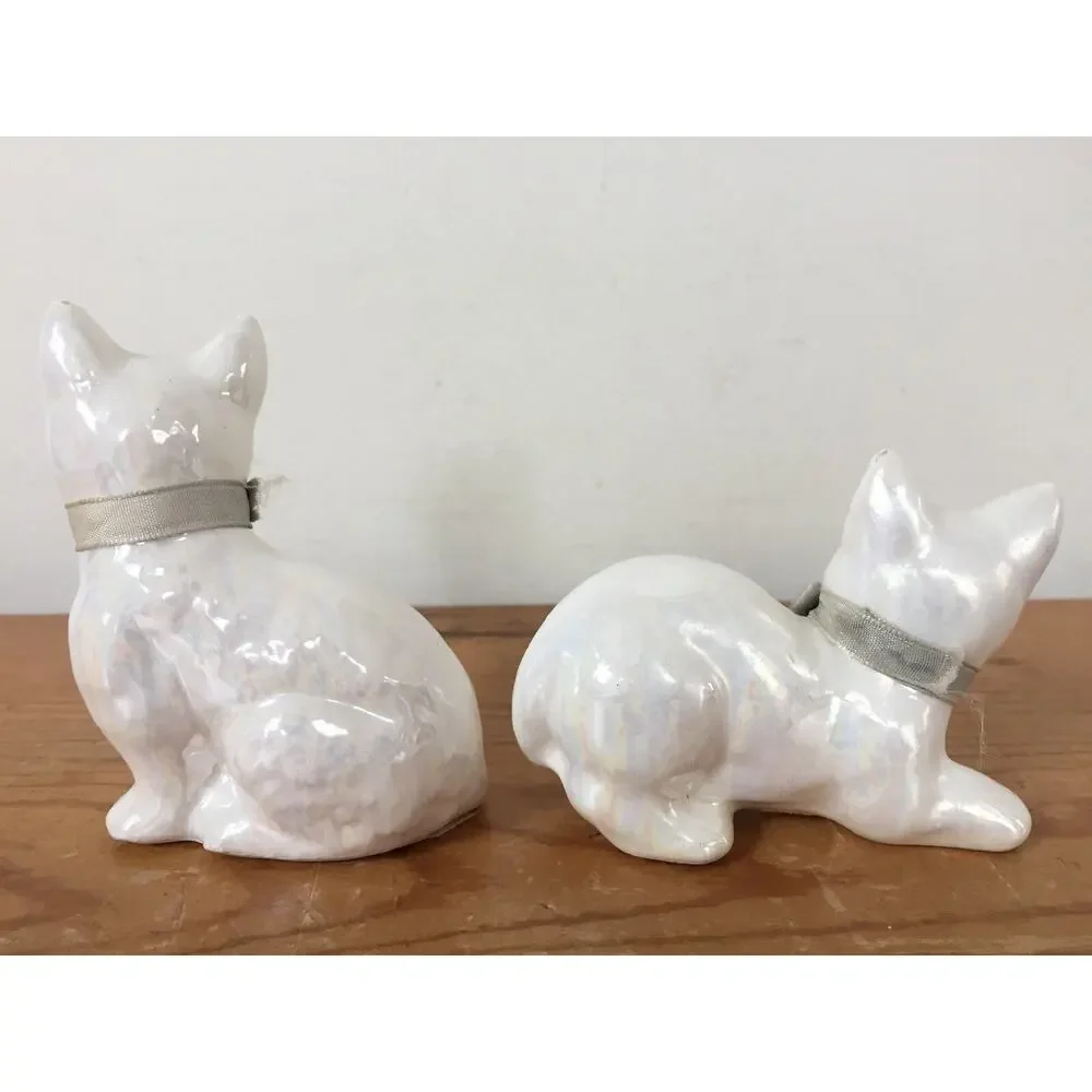 Vtg Occupied Japan White Lusterware Ceramic Porcelain Cat Kitty Kitten Figurines